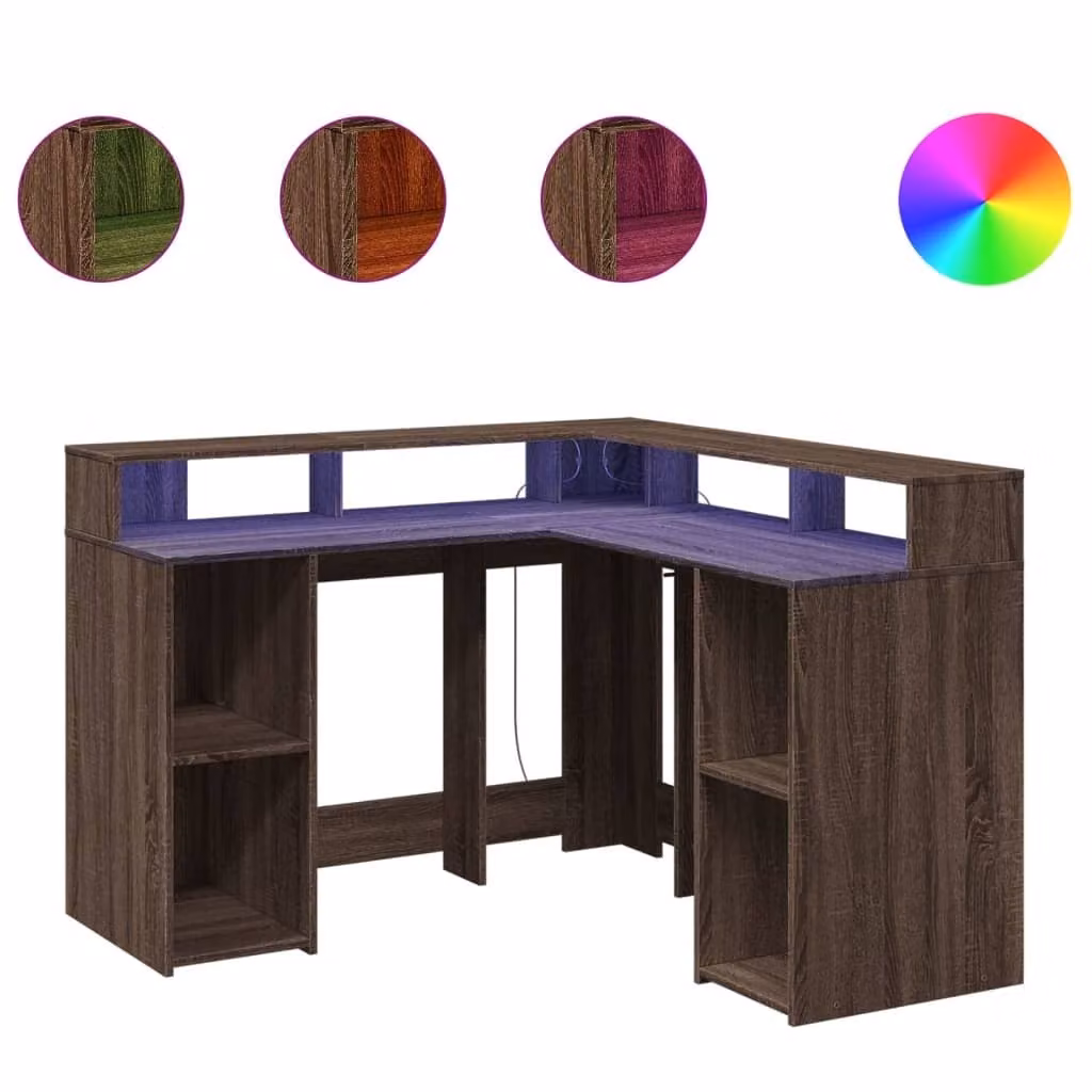 Scrivania con Luci LED Marrone Rovere 130x130x91 cm Truciolato