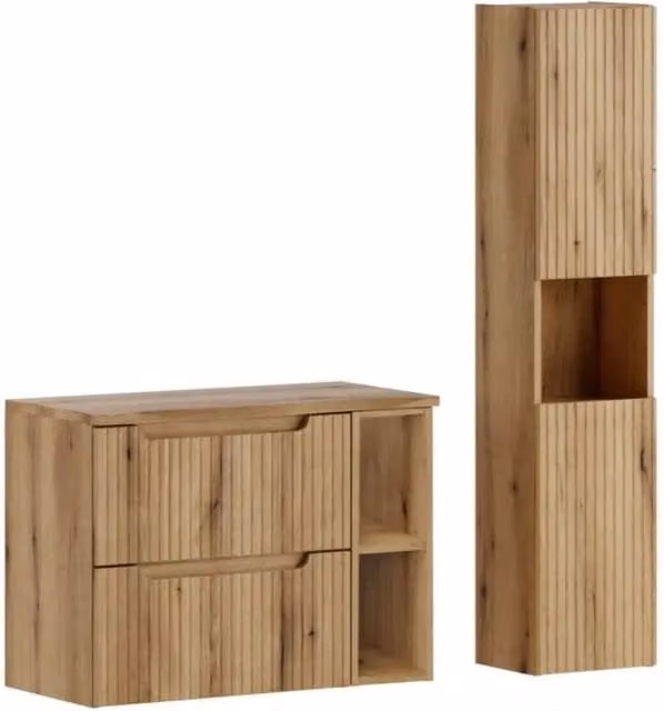 Set VANO in rovere chiaro 110cm: mobile sottolavabo con cassetti e nicchie a vista + piano per lavabo + colonna