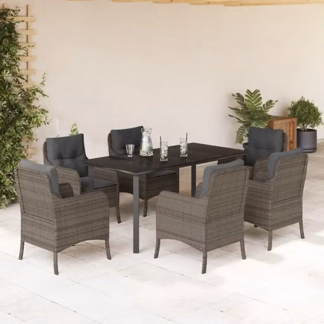 Set da pranzo da giardino vidaXL in polyrattan con tavolo in vetro e 7 pezzi, colore grigio e nero