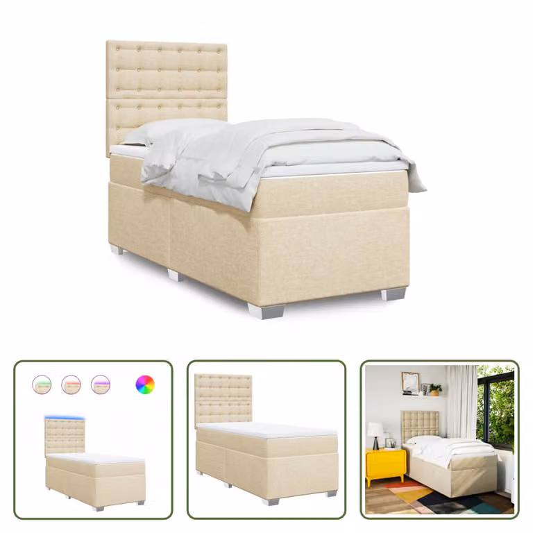 The Living Store Letto a molle con materasso crema 100x200 cm in tessuto