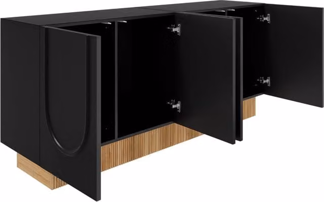 Sideboard moderno con 4 ante, struttura a U, 160x75x38 cm, finitura nera opaca e dettagli effetto legno