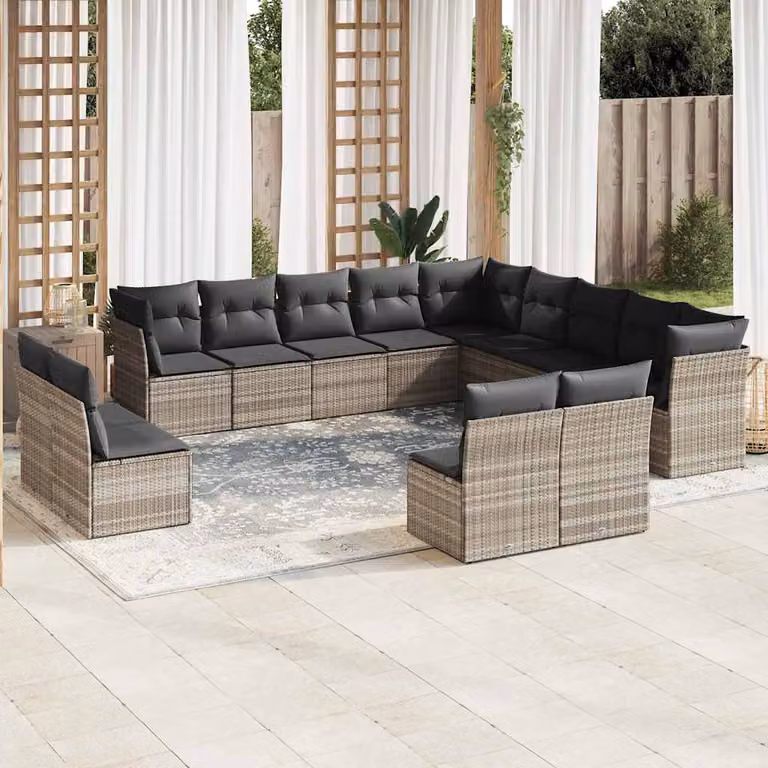 vidaXL Set Divani da Giardino a Forma di U composto da 13 Pezzi in Polyrattan con Cuscini Grigio Chiaro