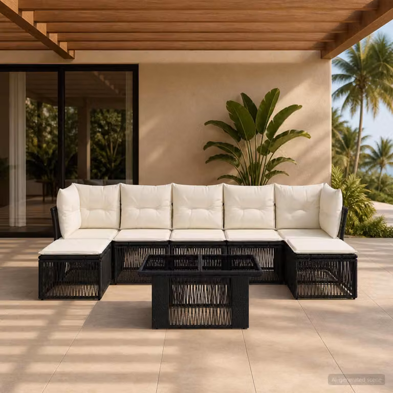 Set Divano da Giardino vidaXL 8 pz Nero con Poltrona, Ottoman e Tavolino, Design Moderno a L con Cuscini e Struttura in Metallo e Polyrattan