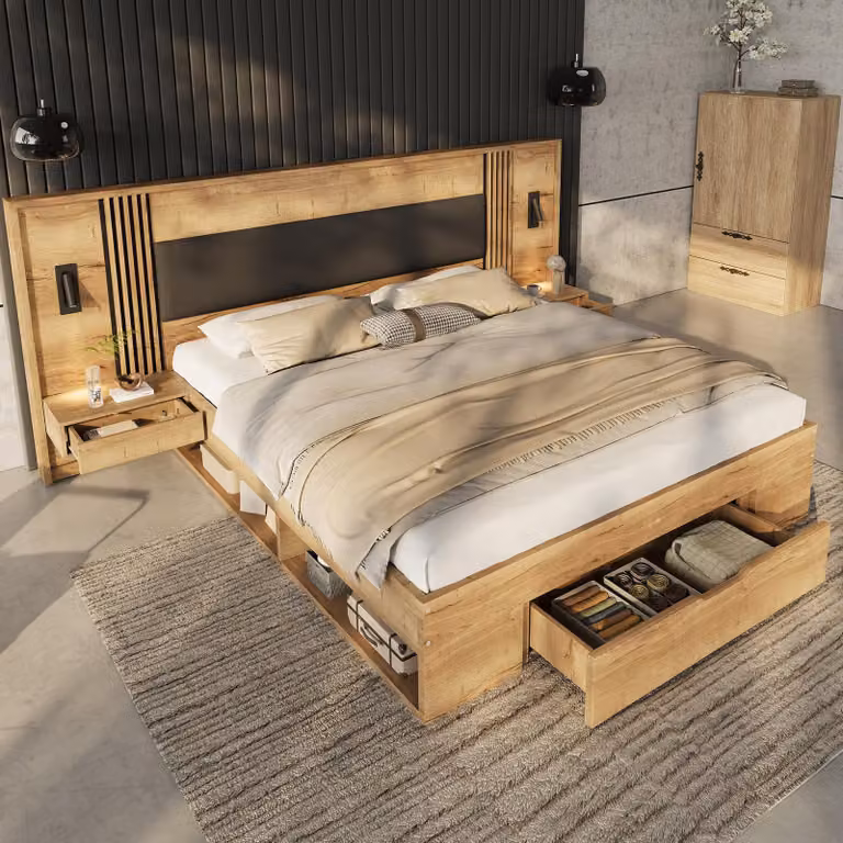 Letto contenitore 180 x 200 cm con 5 vani contenitori, un cassetto, 2 comodini, lampade da lettura a 360°, testiera in poliuretano e rete a doghe, colore naturale