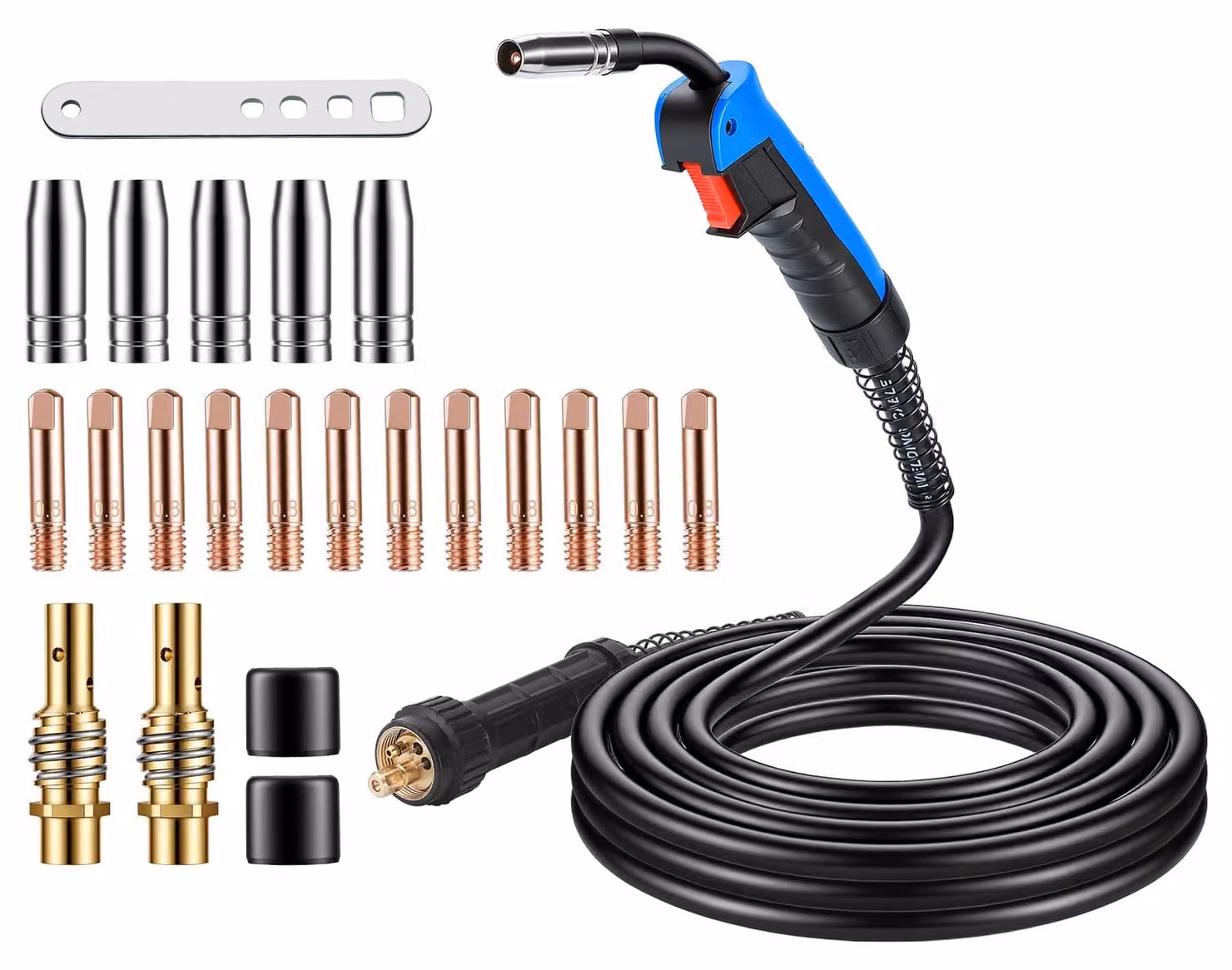 Kit saldatrice MIG/MAG, con tubo flessibile da 5 metri, bombola di gas protettivo con connettore europeo, e set di 22 componenti di ricambio, inclusi diffusore in rame e elettrodi di contatto