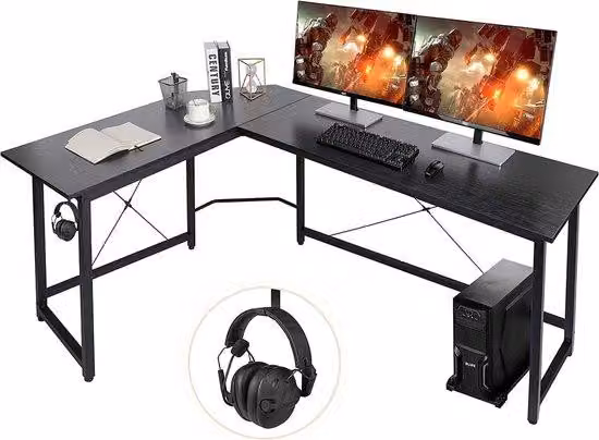 Ibenzoa® Scrivania angolare a forma di L, 167 x 120 cm – Scrivania spaziosa e robusta, ideale per l'ufficio domestico e il gaming, con vano portaoggetti, ganci, supporto per CPU, capacità di carico: 200 kg