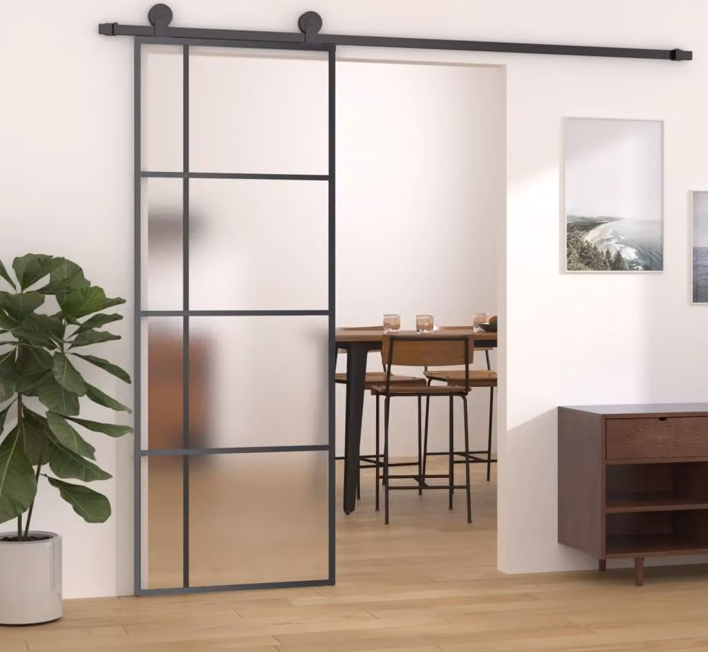 The Living Store Porta scorrevole ESG in vetro e alluminio opaco 90x205 cm Nero