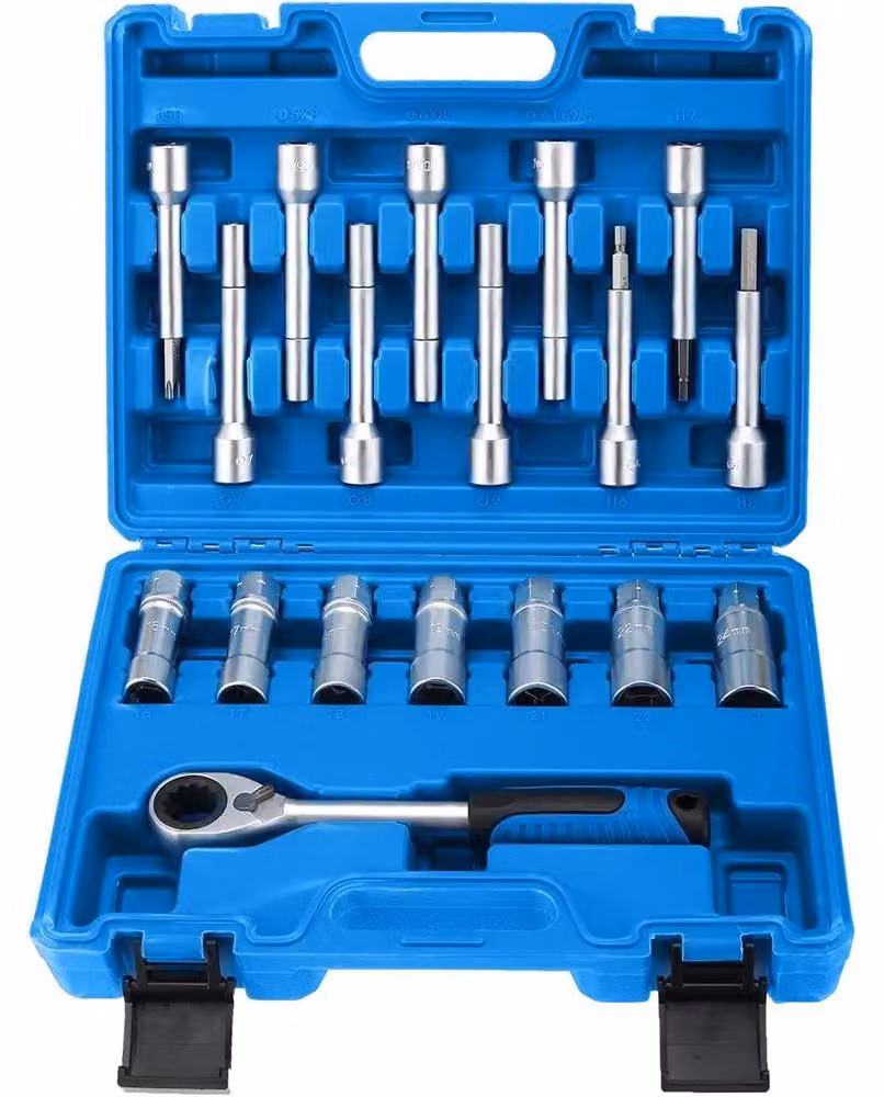 Kit di chiavi a bussola per veicoli - Sistema di sterzo e sospensioni - Set da 18 pezzi - Utensile per lo smontaggio dei dadi degli ammortizzatori e delle molle - Adatto per la sostituzione dei cuscinetti dello sterzo - Per uso su metallo