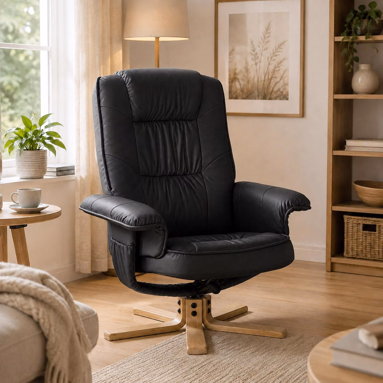 Poltrona relax, poltrona TV, poltrona senza poggiapiedi, modello M56, rivestita in ecopelle, certificata MVG, colore nero