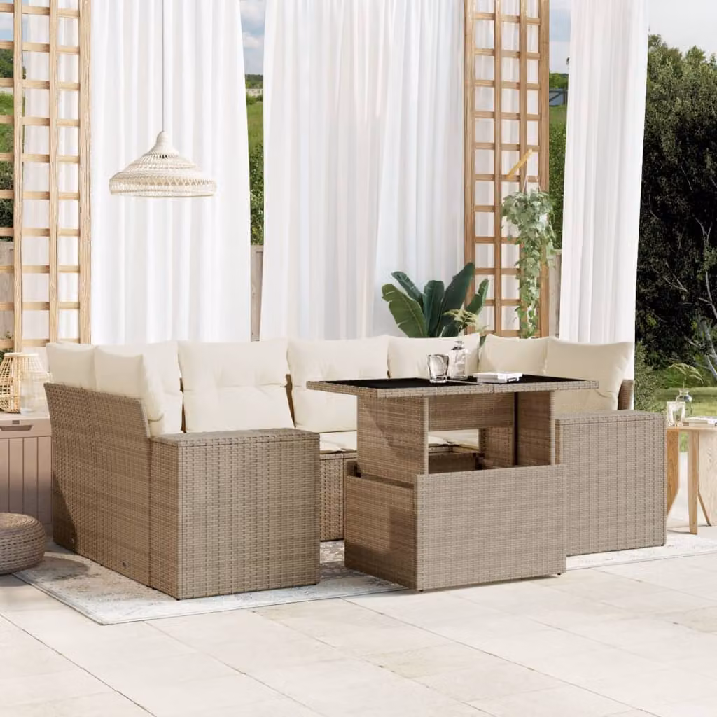 vidaXL Set Divani da Giardino a L 7 pz con Cuscini Beige e Tavolino in Vetro – 1