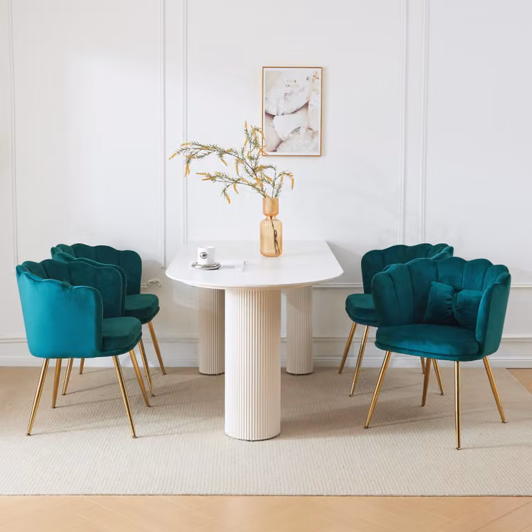 Sedia imbottita MERAX con cuscini decorativi a fiocco (4 pezzi), sedia da sala da pranzo sedia da soggiorno in velluto con schienale a petali e gambe in metallo dorato
