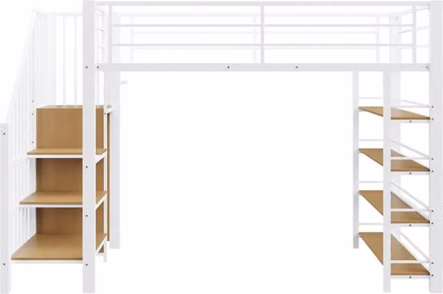 Letto a soppalco singolo 90x200 cm con scala di sicurezza, armadio e ripiani, struttura in MDF e metallo, colore nero/bianco