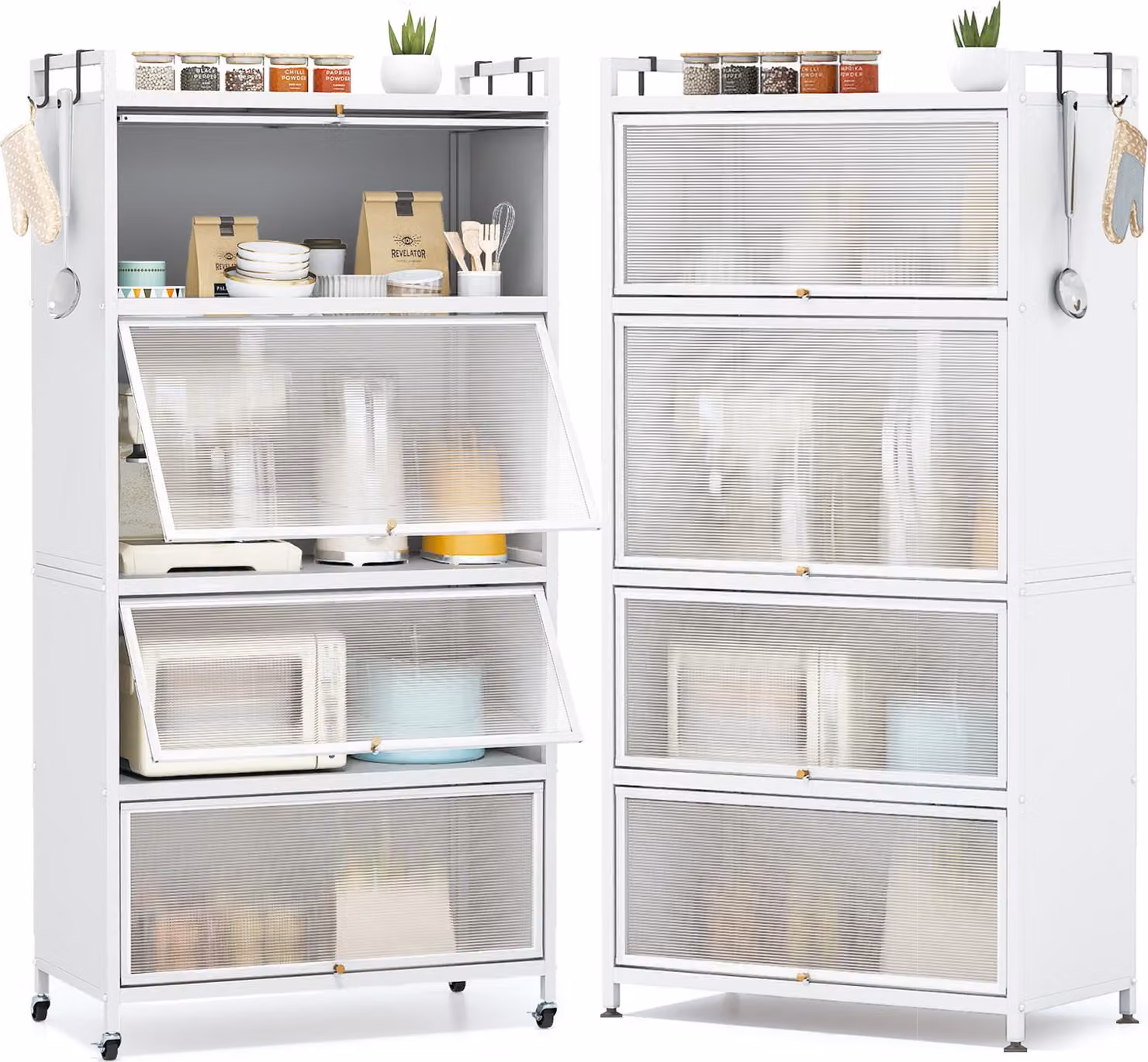 COSTWAY Armadio alto da cucina a 5 livelli, scaffale da cucina, supporto per microonde con rotelle, 4 porte pieghevoli per PC e 4 ganci, scaffale in metallo, armadio alto, bianco