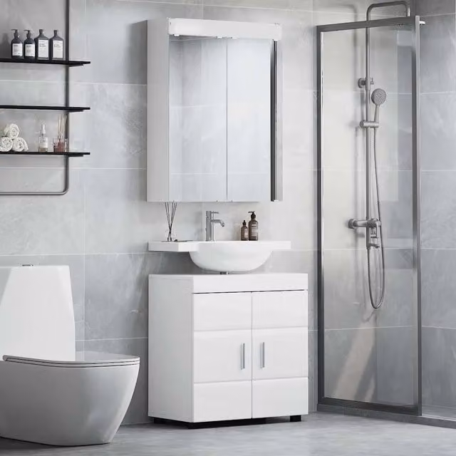 Set di mobili da bagno moderno vidaXL composto da mobile lavabo e pensile con specchio, Bianco e Argento, L: 60,0 cm, P: 34,0 cm, H: 63,0 cm – 1