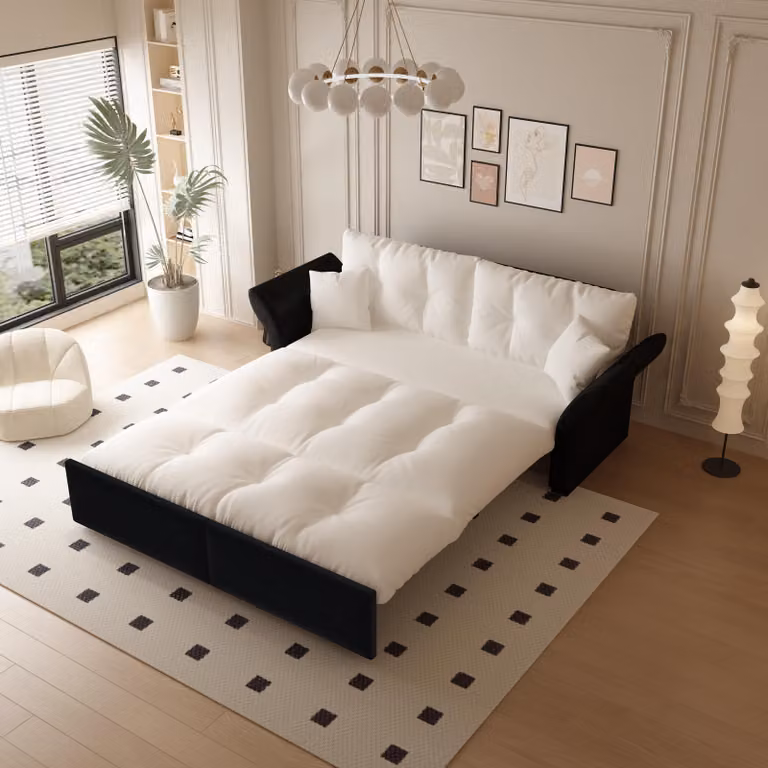 MODFU Divano letto a 3 posti con funzione estraibile Divano da salotto Divano lounge multifunzionale con 2 morbidi cuscini e trapuntatura Salva spazio Adatto a piccoli appartamenti Beige+Nero