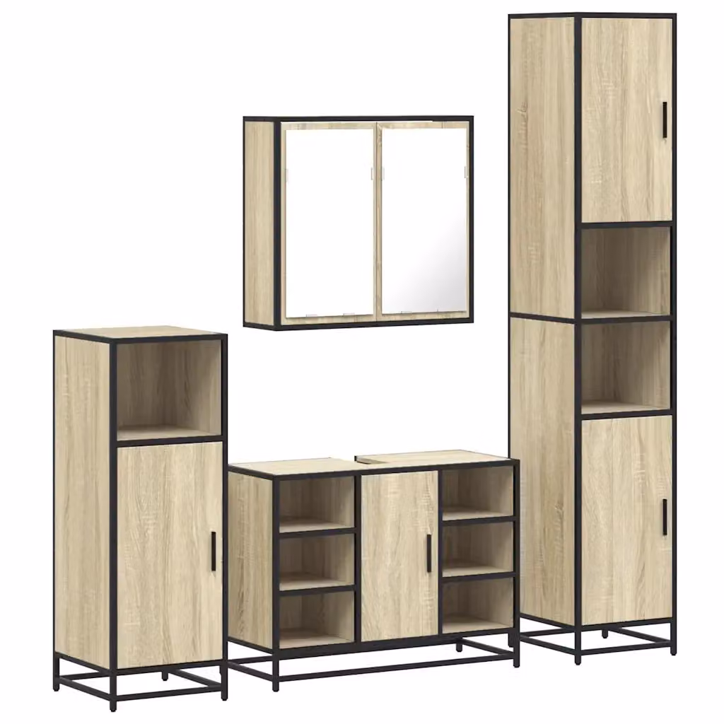 Set di mobili da bagno industrial vidaXL composto da 4 pezzi in legno e MDF colore marrone con armadietto specchio, mobile lavabo, mobile laterale e colonna alta – 2