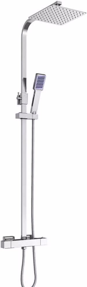 Sistema doccia con termostato, dimensioni 40x40 cm, soffione girevole a 360° con doccetta manuale, regolabile in altezza, realizzato in ottone e acciaio inossidabile cromato, con effetto pioggia