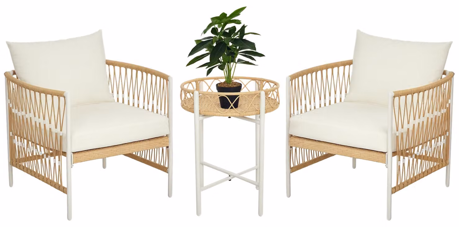 Set da giardino 3 pezzi, set da bistrot, set da salotto da giardino, rattan PE, 72 cm x 66 cm x 64 cm, giallo+crema