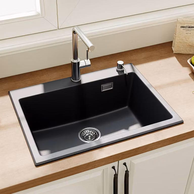 HOROW 60x45 cm lavello in granito Lavello da incasso 1 vasca incl. sifone, nero lavello con foro per rubinetto scarico sifone e set troppopieno