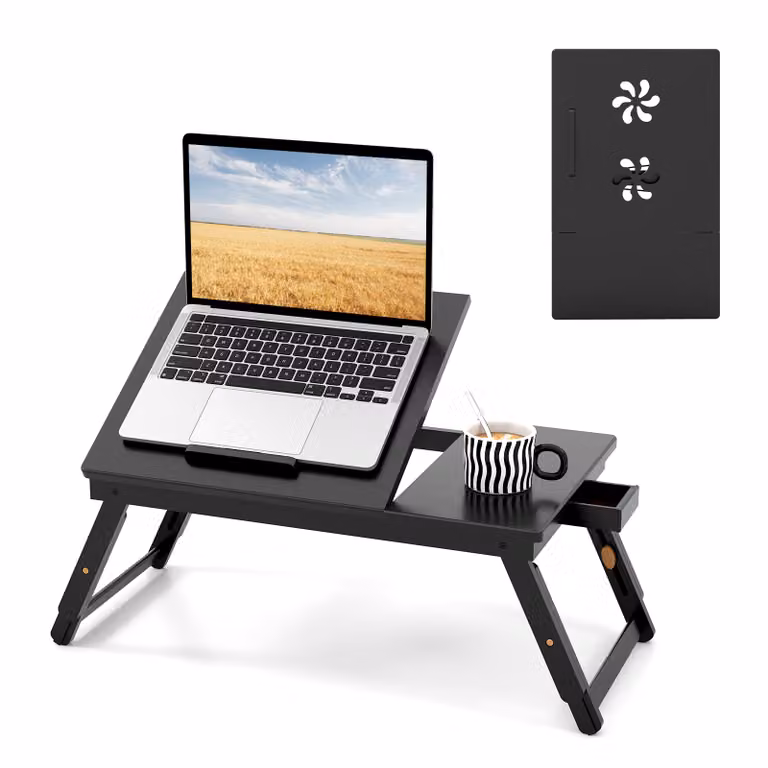 COSTWAY tavolo per laptop in bambù pieghevole, tavolo per notebook regolabile in altezza, inclinabile e ventilato, lapdesk con cassetto per la lettura della colazione, 53x33x20-26,5cm