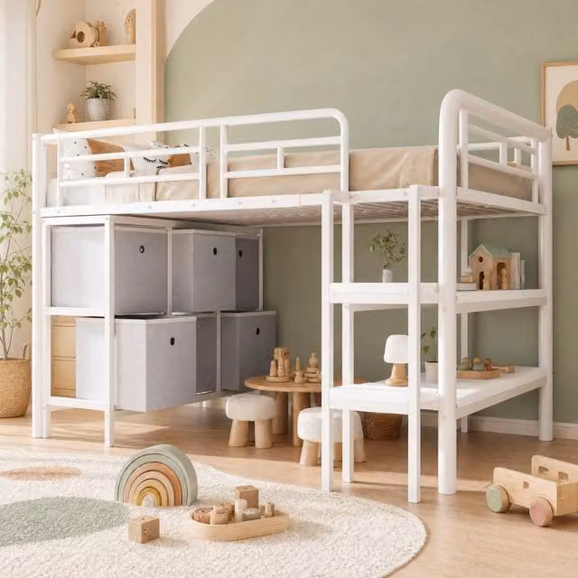 Letto a soppalco basso ULEVR 90x200 cm in metallo bianco con scala ampia, cassetti e ripiani aperti