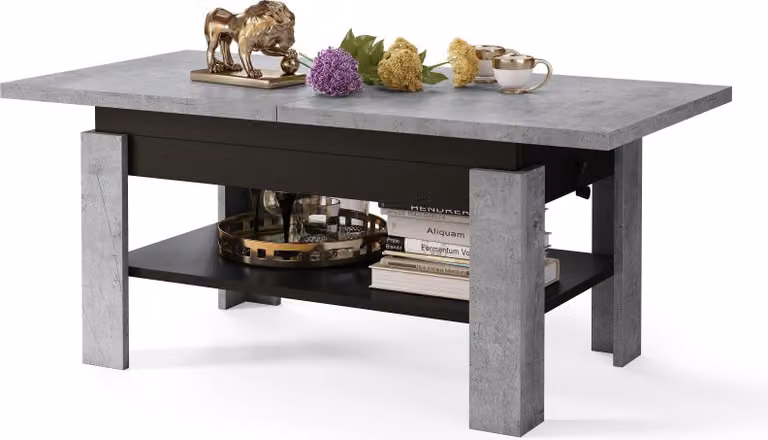 Tavolino All4All Rino, tavolino da caffè, tavolino da salotto con ripiano, tavolino da divano, allungabile fino a 170 cm, regolabile in altezza, 130x65 cm, 05, cemento + nero