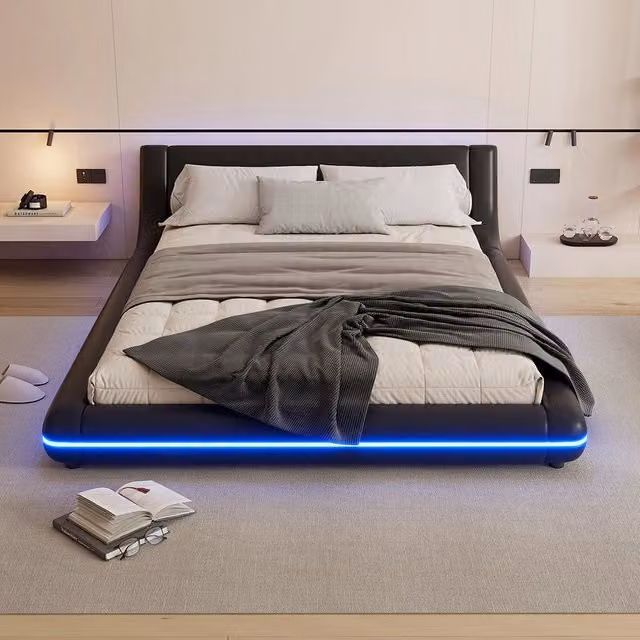 Letto a terra per adulti - Xylo - 140x200 cm - Nero - Illuminazione LED