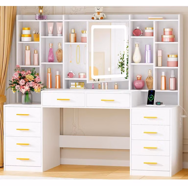 Comò da trucco con specchio e illuminazione, 110 cm di larghezza, colore bianco, dotato di 10 cassetti e prese di corrente