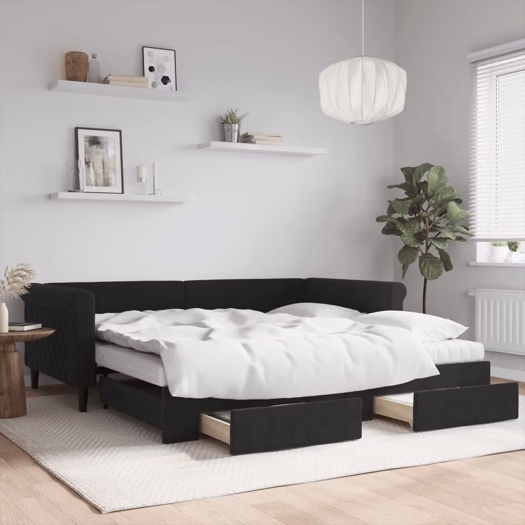 vidaXL Divano Letto Estraibile in Velluto Nero con Cassetti L/P/H: 229 x 100 x 68 cm