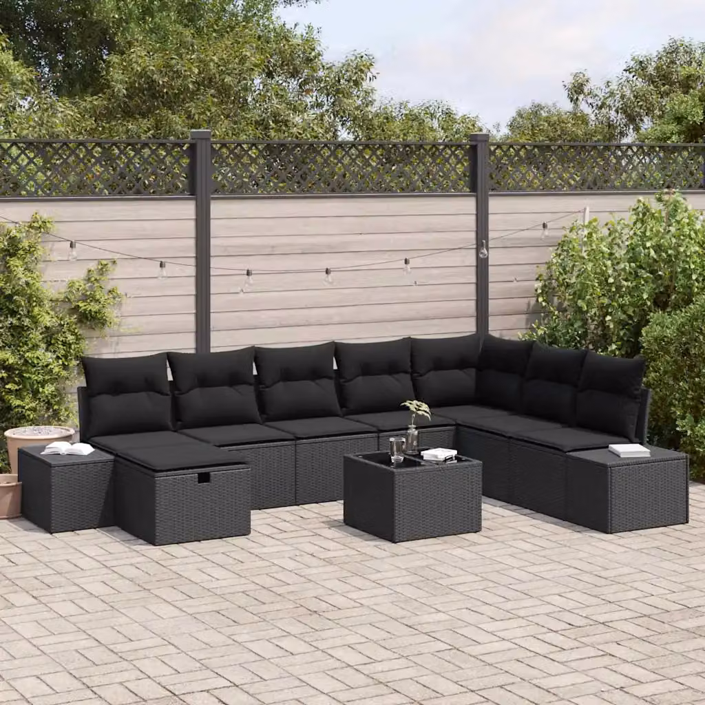 Set Divano da Giardino vidaXL 9 Pezzi Moderno in Polyrattan Nero con Cuscini e Tavolino – 1