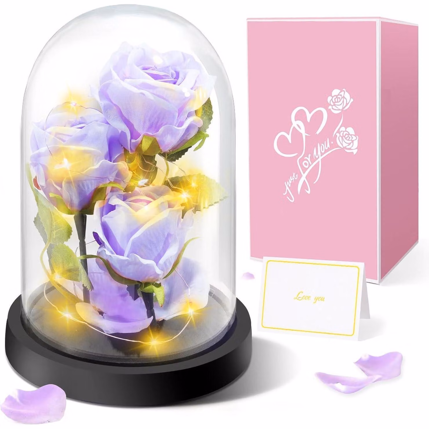 Rosa eterna in vaso con luci, 3 rose viola, cupola in vetro, regalo per donne, Festa della Mamma, San Valentino