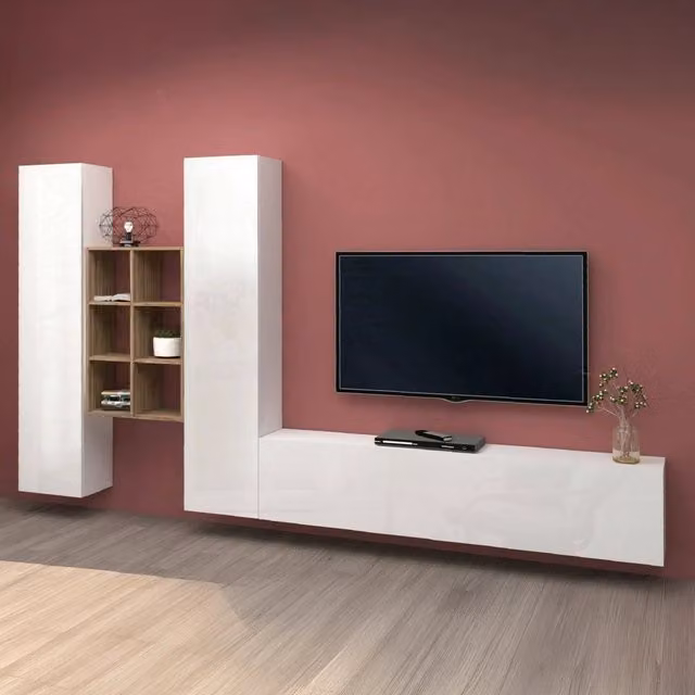 Parete Attrezzata Mobile Soggiorno Acuto DMORA Bianco Lucido L: 320 cm, P: 30 cm, H: 180 cm