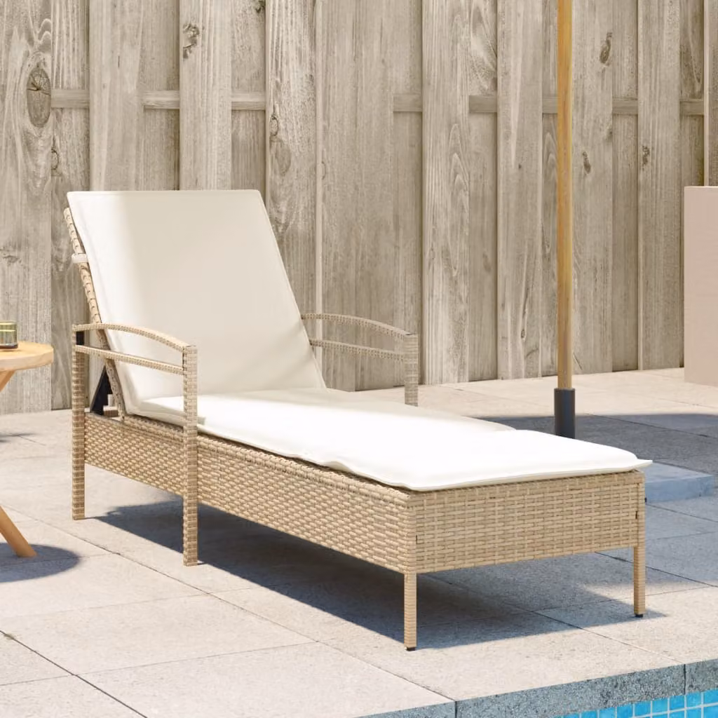 vidaXL Lettino Prendisole in Polyrattan con Cuscino Beige e Bianco, L/P/H: 200 x 63 x 81 cm