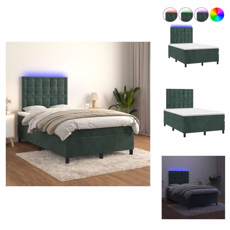 vidaXL Letto a molle con materasso e LED in velluto verde scuro 120x200 cm - Letti & strutture letto