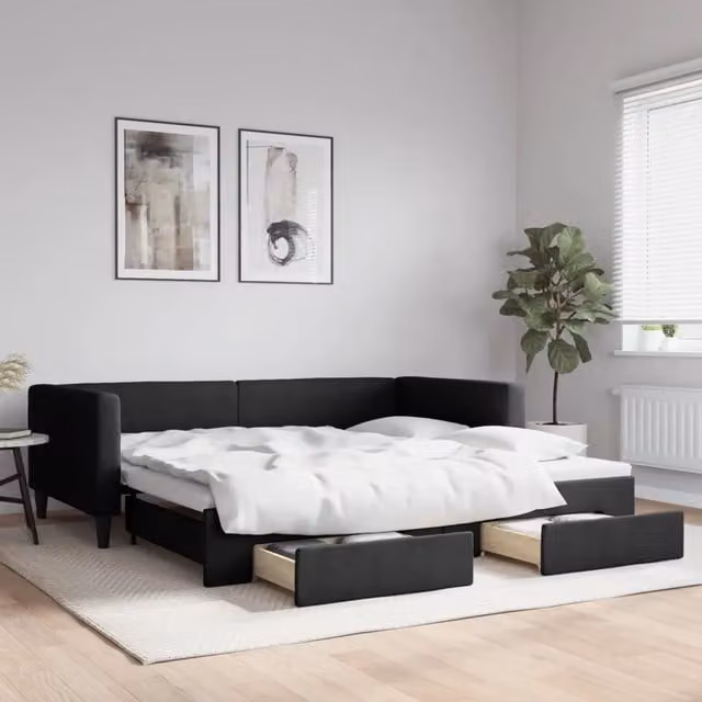 Divano Letto Estraibile con Cassetti vidaXL in Tessuto Nero L/P/H: 223 x 100 x 68 cm – 1