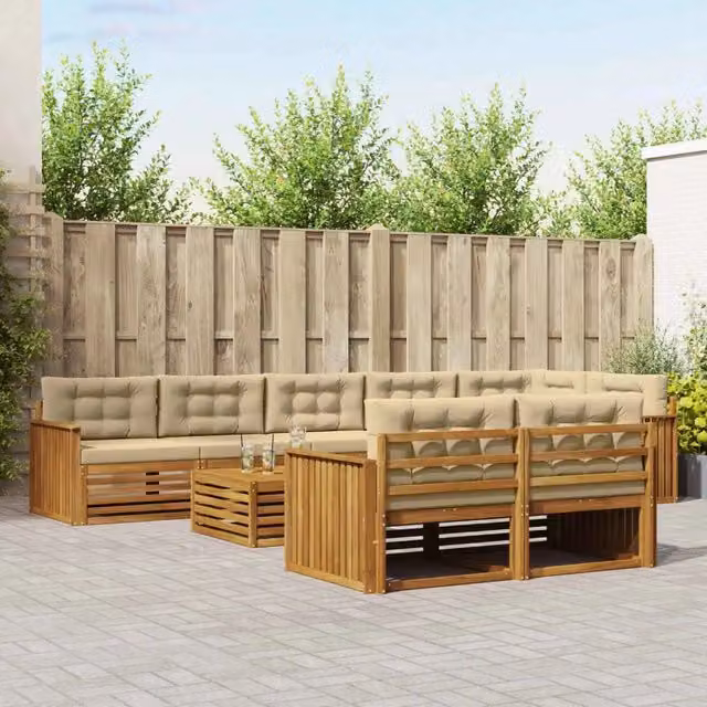 Set di divani da esterno vidaXL a forma di L con tavolino da caffè, in legno di acacia e tessuto beige, composto da 9 pezzi – 1