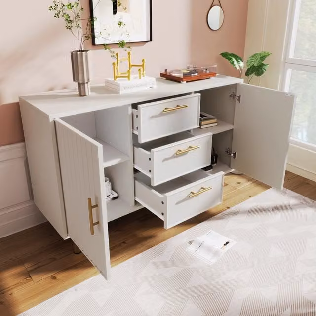 Credenza moderna bianca con 2 ante e 3 cassetti e dettagli oro, L 120 x P 40 x H 75 cm