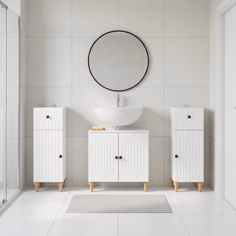 Set di mobili da bagno vidaXL ALKMAAR in 3 pezzi, bianco lucido, con mobile lavabo e armadietti laterali
