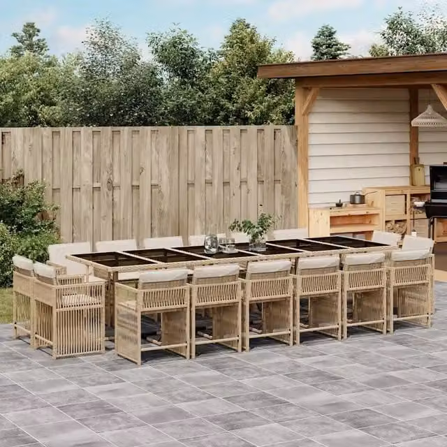 Set da pranzo da giardino vidaXL in polyrattan con cuscini beige e piano in vetro, 17 pezzi – 1