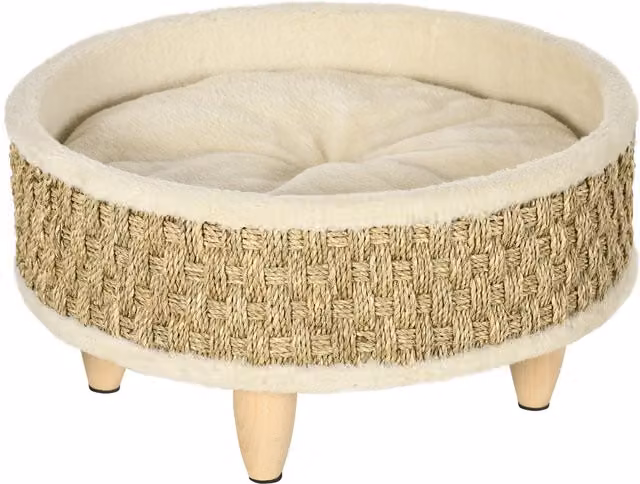 Lettino rotondo PawHut per cani e gatti di piccola taglia in MDF e tessuto beige con fondo rialzato e base antiscivolo Aosom Ø48 cm