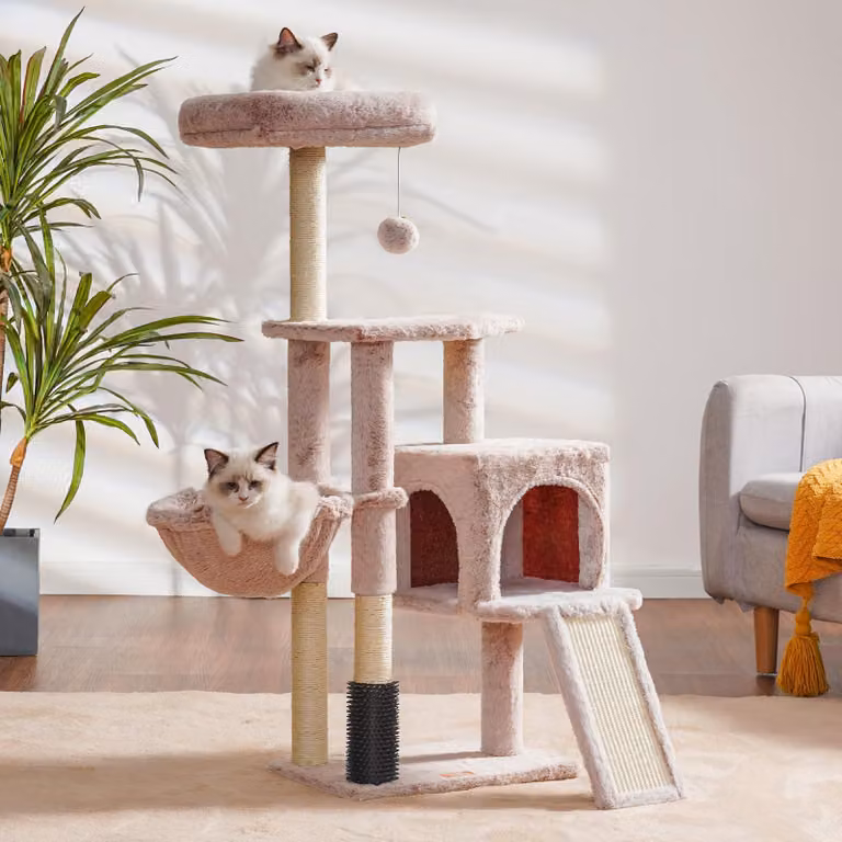Albero per gatti, grattatore e cesta, color marrone e bianco, per gatti domestici