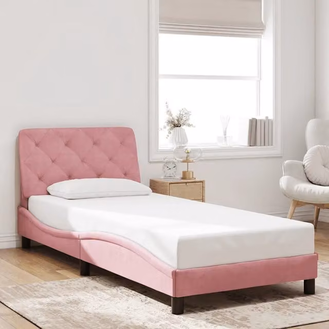 Struttura Letto Design Mania in Velluto Rosa con Giroletto L/P/H: 90 x 200 cm