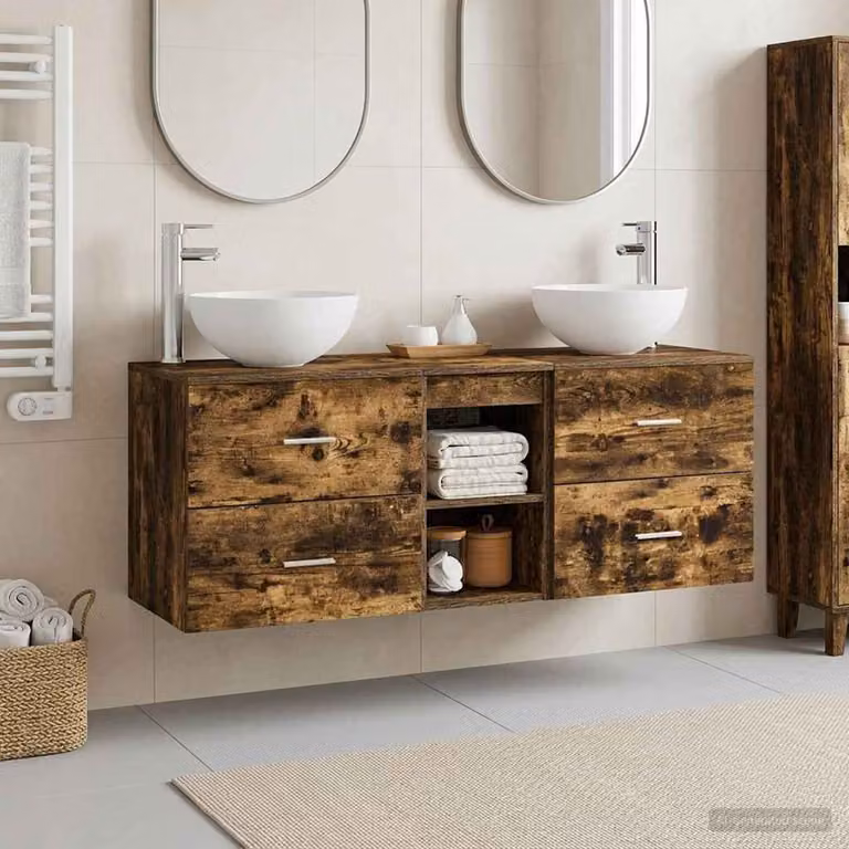Set di 3 armadi da bagno vidaXL in legno e metallo marrone, design minimalista, L 129 cm x P 35 cm x H 80 cm