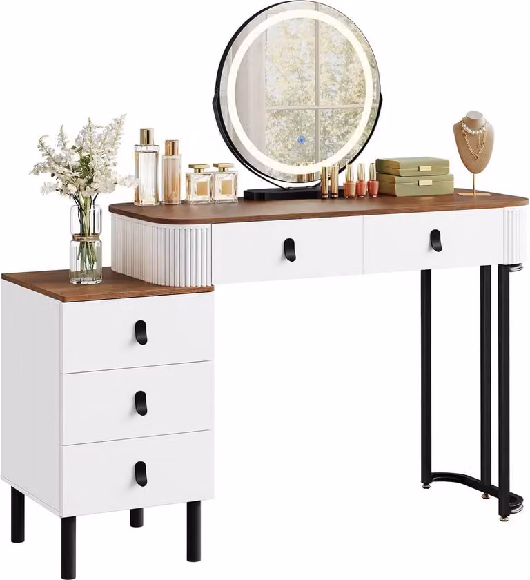 Comò da trucco con specchio a LED, 2 cassetti e un piccolo armadietto laterale | Aspetto del legno color marrone-arancio | 100x40x126 cm