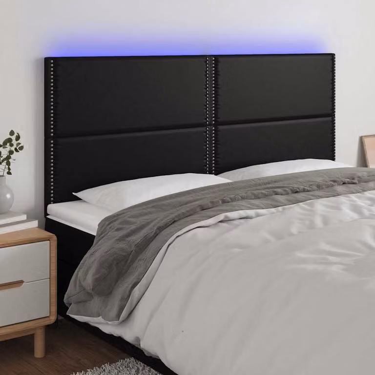Testiera per letto vidaXL in similpelle nera con illuminazione LED e porta di ricarica USB, L 180 cm, P 5 cm, H 118/128 cm