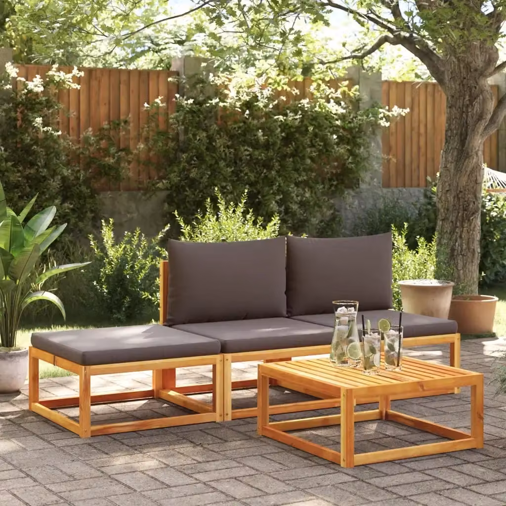 Set di salotto da giardino a L composto da 4 pezzi con struttura in legno di acacia oliato, tavolino da caffè e pouf, colore grigio con cuscini in poliestere resistente ai raggi UV e coperture rimovibili, DESIGN IN – 2