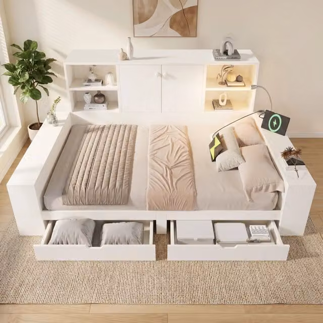 Letto contenitore 140x200 cm Bianco, letto da giorno con cassetti, legno con doppie ante e porte USB e USB-C, salvaspazio, senza materasso