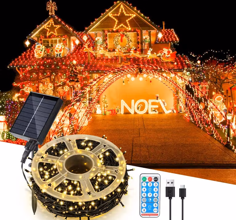 Catena luminosa solare LED Ikodm, 50 metri, 500 LED, illuminazione per interni ed esterni, con 8 modalità, ideale per giardini, balconi, feste, decorazioni natalizie, luce bianco caldo