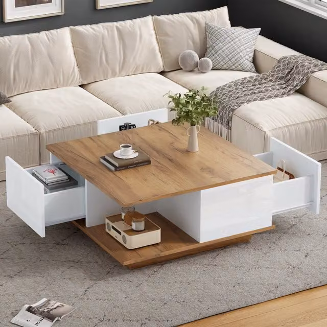 Tavolino basso fisso con 3 cassetti e vano semiaperto in truciolato bianco e color noce 70 × 70 × 31.5 cm