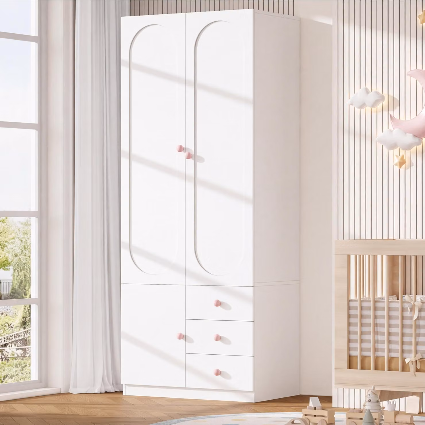 Armadio 80x50x200, con 2 ante, cassetti, asta appendiabiti, maniglie in Vetroceramica, finitura laccata, ideale per la cameretta